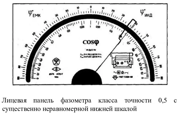 Лицевая панель фазометра класса точности 0,5 с существенно неравномерной нижней шкалой