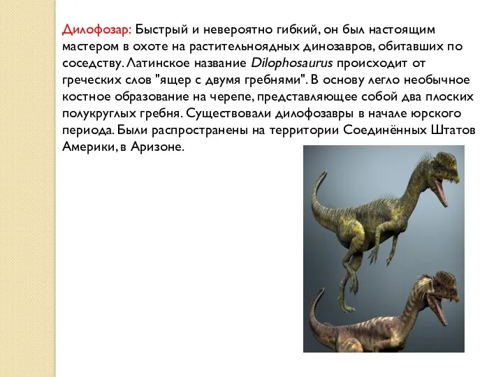 Дилофозар: Быстрый и невероятно гибкий, он был настоящим мастером в охоте на растительноядных