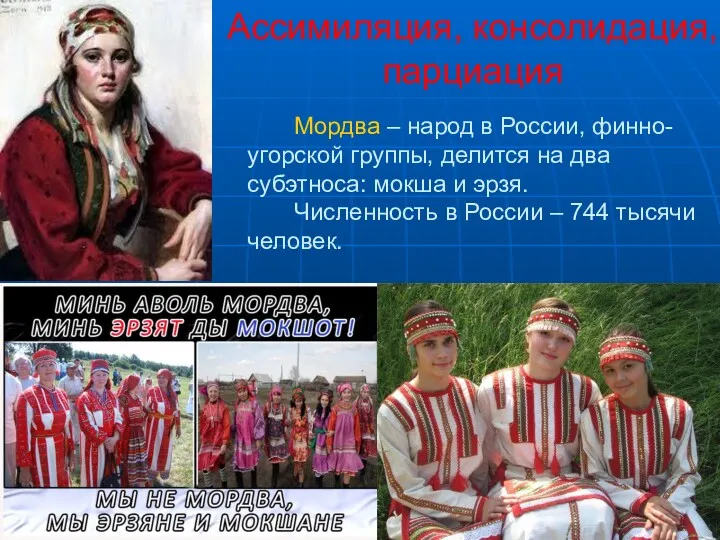 Ассимиляция, консолидация, парциация Мордва – народ в России, финно-угорской группы,