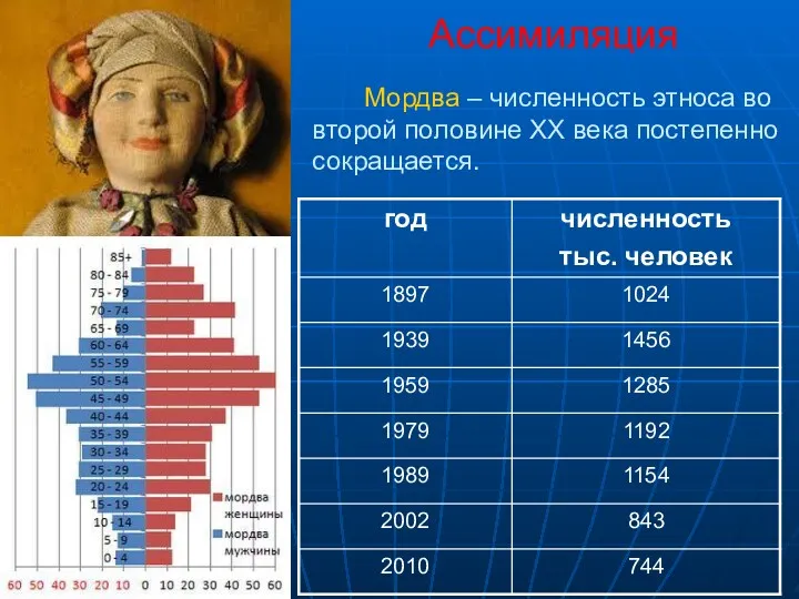 Ассимиляция Мордва – численность этноса во второй половине XX века постепенно сокращается.