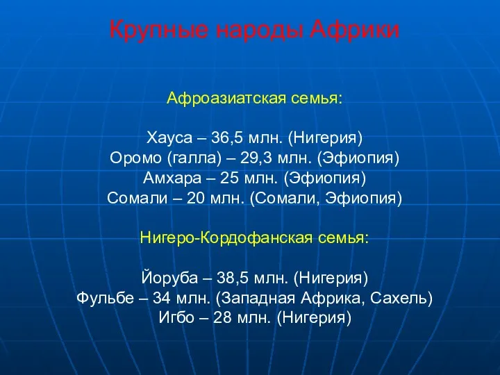 Крупные народы Африки Афроазиатская семья: Хауса – 36,5 млн. (Нигерия) Оромо (галла) –