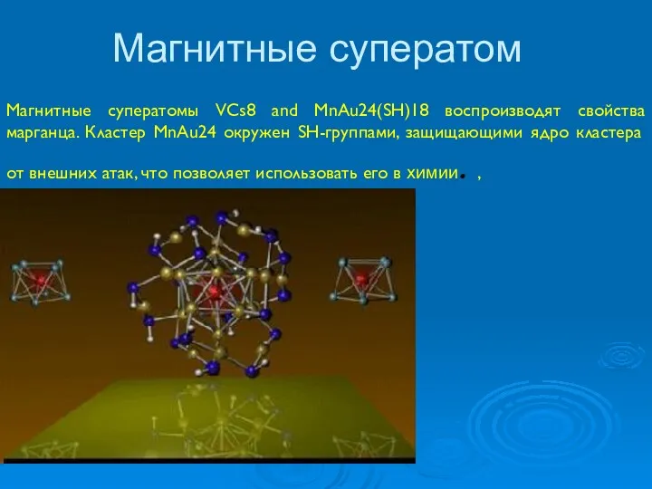 Магнитные суператом Магнитные суператомы VCs8 and MnAu24(SH)18 воспроизводят свойства марганца.