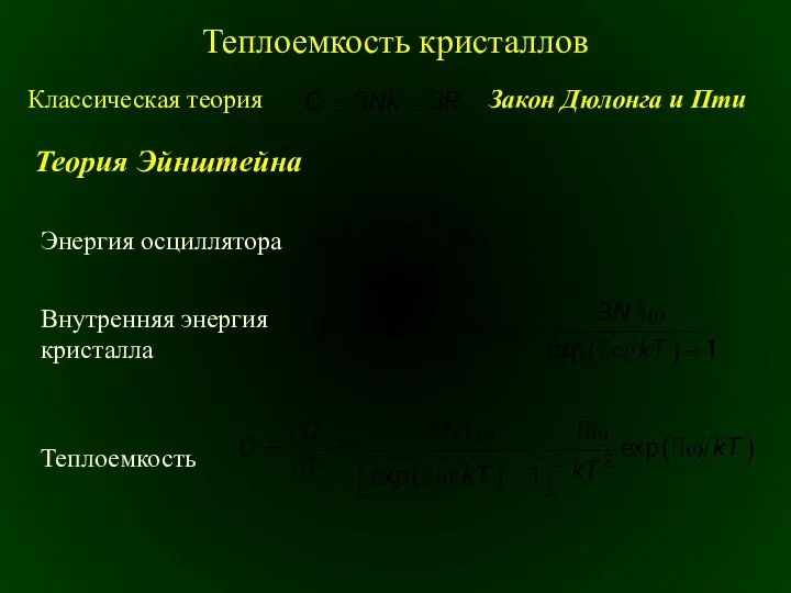 Теплоемкость кристаллов Классическая теория Закон Дюлонга и Пти Теория Эйнштейна