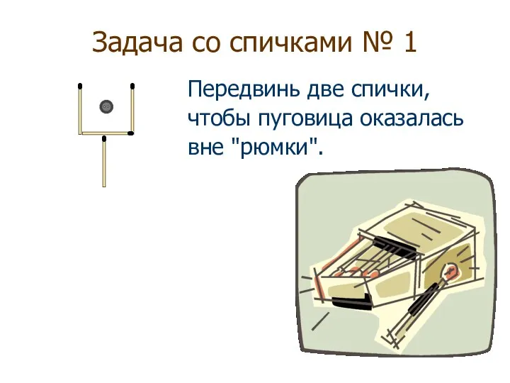 Задача со спичками № 1 Передвинь две спички, чтобы пуговица оказалась вне "рюмки".