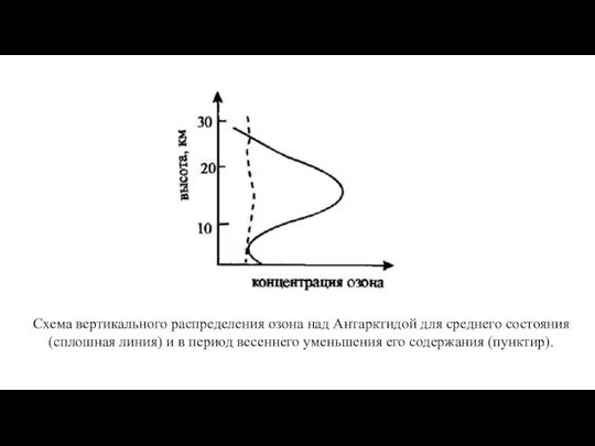 Схема вертикального распределения озона над Антарктидой для среднего состояния (сплошная