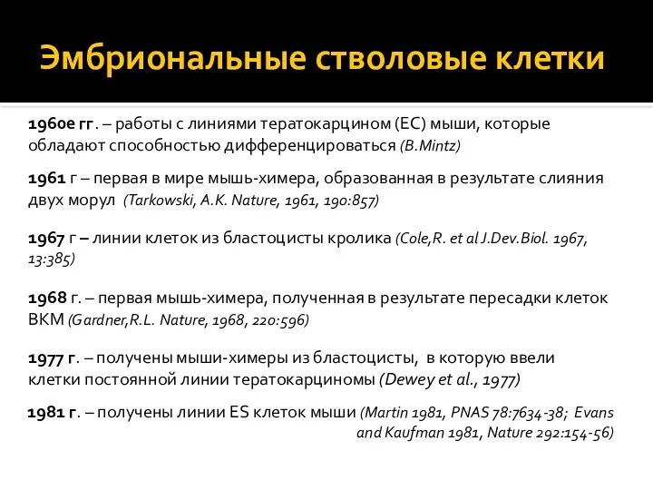 Эмбриональные стволовые клетки 1981 г. – получены линии ES клеток