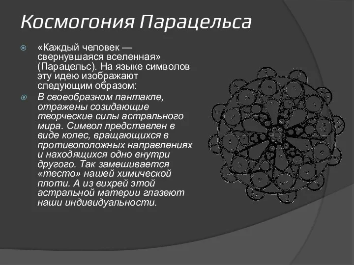 Космогония Парацельса «Каждый человек — свернувшаяся вселенная»(Парацельс). На языке символов