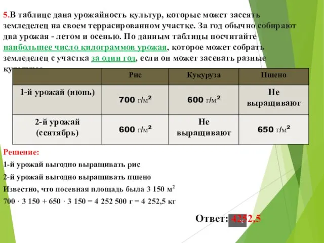 5.В таблице дана урожайность культур, которые может засеять земледелец на