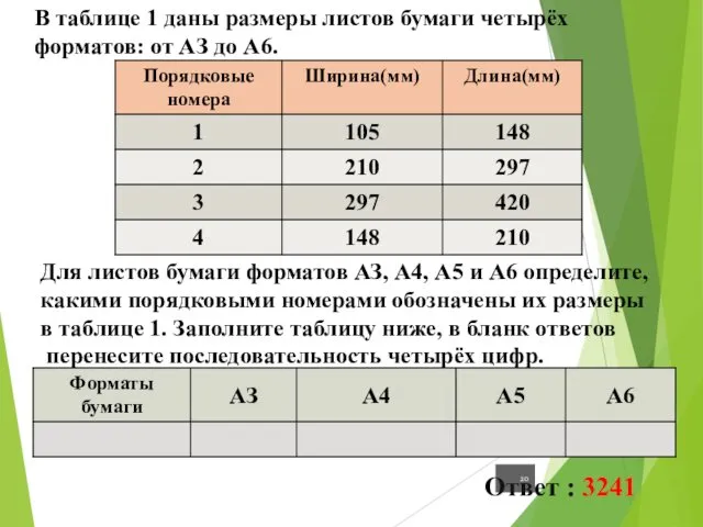 В таблице 1 даны размеры листов бумаги четырёх форматов: от