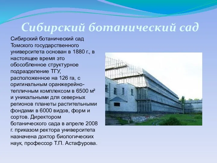 Сибирский ботанический сад Сибирский ботанический сад Томского государственного университета основан