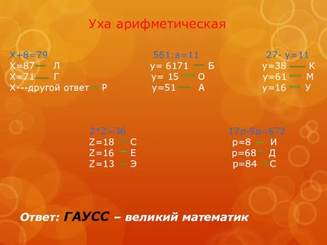 Уха арифметическая Х+8=79 561:а=11 27- у=11 Х=87 Л у= 6171