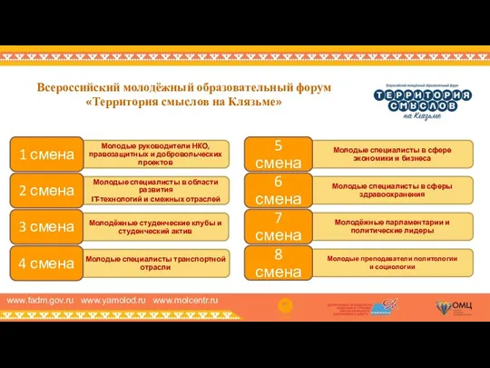 Всероссийский молодёжный образовательный форум «Территория смыслов на Клязьме» www.fadm.gov.ru www.yamolod.ru www.molcentr.ru