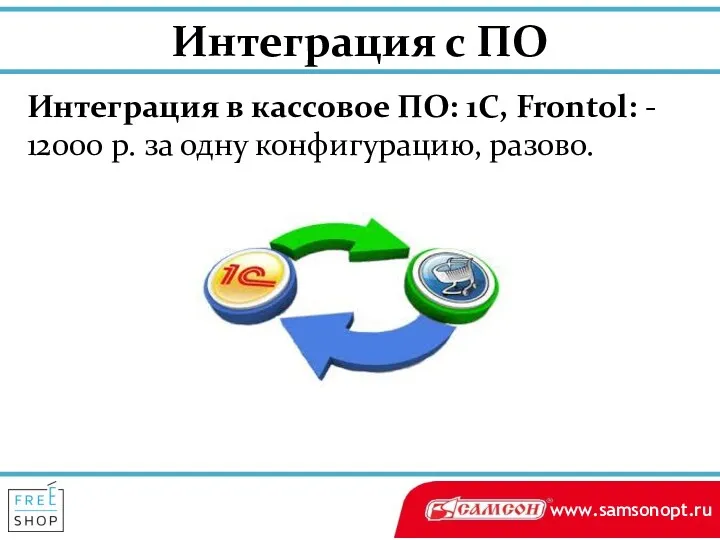 Интеграция с ПО Интеграция в кассовое ПО: 1С, Frontol: - 12000 р. за одну конфигурацию, разово.