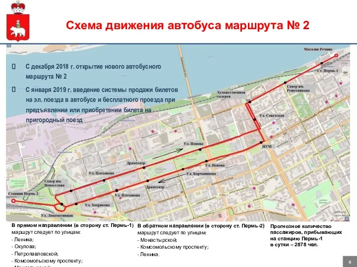 Схема движения автобуса маршрута № 2 В прямом направлении (в