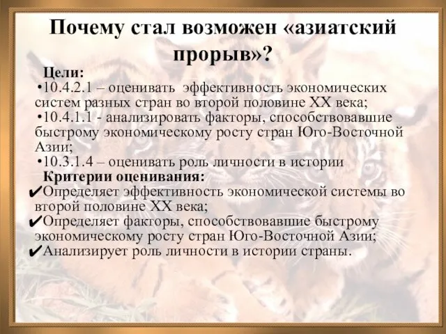 Почему стал возможен «азиатский прорыв»? Цели: 10.4.2.1 – оценивать эффективность