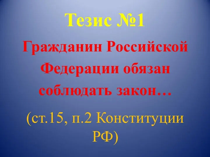 Тезис №1 Гражданин Российской Федерации обязан соблюдать закон… (ст.15, п.2 Конституции РФ)