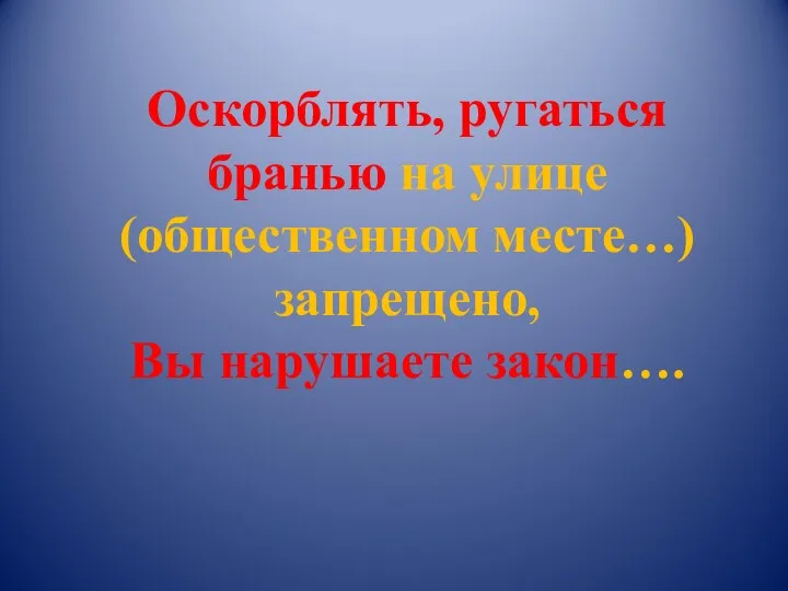 Оскорблять, ругаться бранью на улице (общественном месте…) запрещено, Вы нарушаете закон….