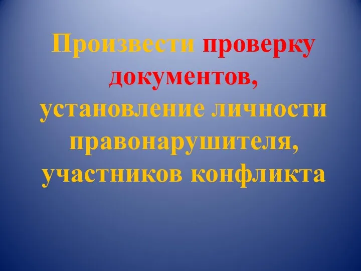 Произвести проверку документов, установление личности правонарушителя, участников конфликта