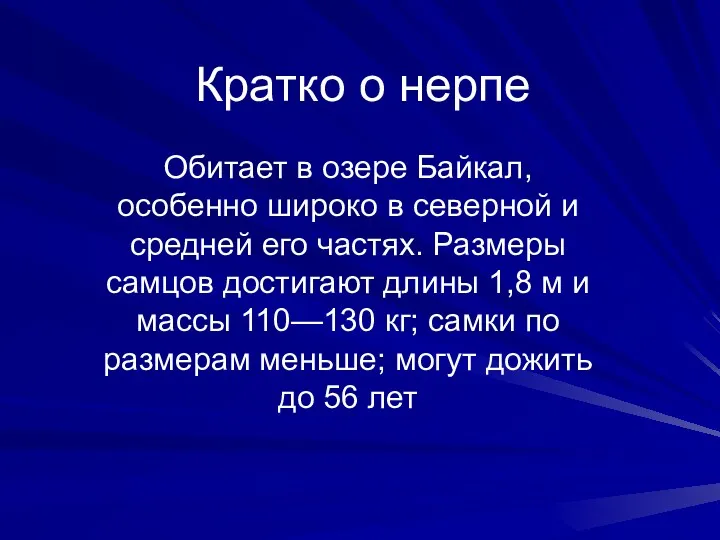 Кратко о нерпе Обитает в озере Байкал, особенно широко в северной и средней