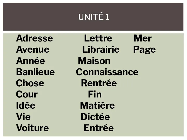 UNITÉ 1 Adresse Lettre Mer Avenue Librairie Page Année Maison