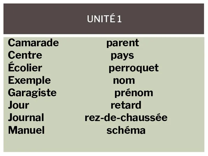 UNITÉ 1 Camarade parent Centre pays Écolier perroquet Exemple nom