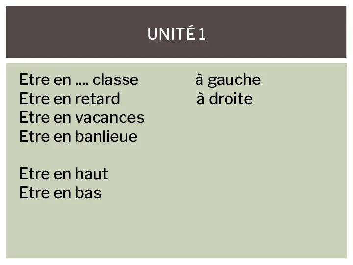 UNITÉ 1 Etre en .... classe à gauche Etre en