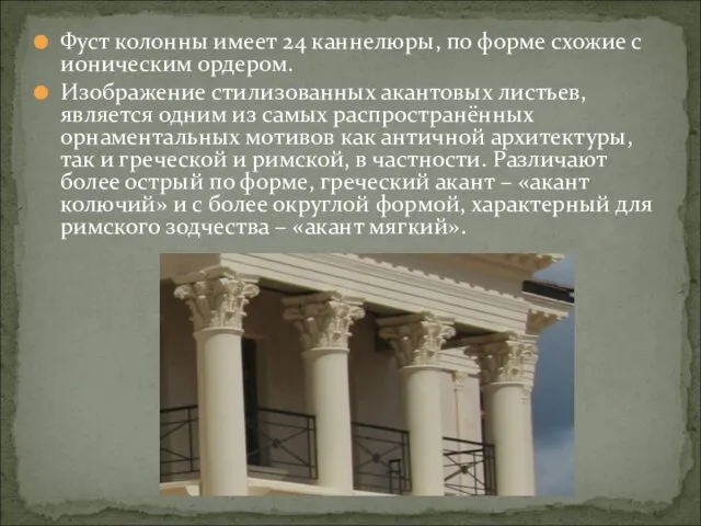 Фуст колонны имеет 24 каннелюры, по форме схожие с ионическим ордером. Изображение стилизованных