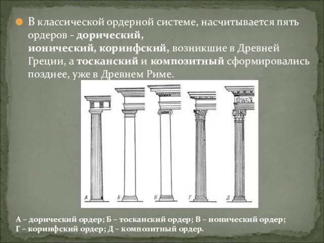 В классической ордерной системе, насчитывается пять ордеров - дорический, ионический, коринфский, возникшие в