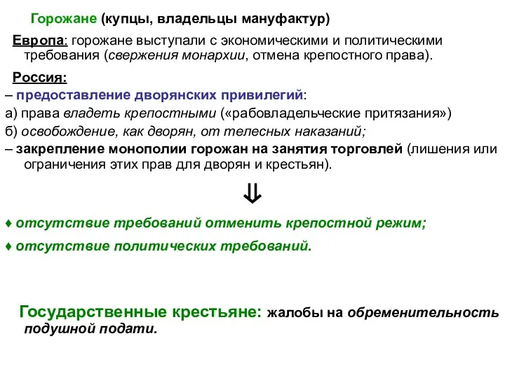 Горожане (купцы, владельцы мануфактур) Европа: горожане выступали с экономическими и