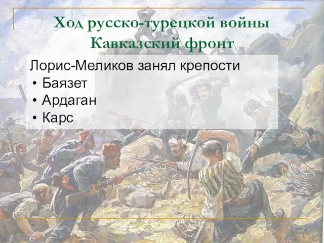 Ход русско-турецкой войны Кавказский фронт Лорис-Меликов занял крепости Баязет Ардаган Карс