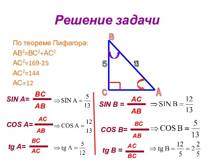 Решение задачи По теореме Пифагора: АВ2=ВС2+АС2 АС2=169-25 АС2=144 АС=12 SIN