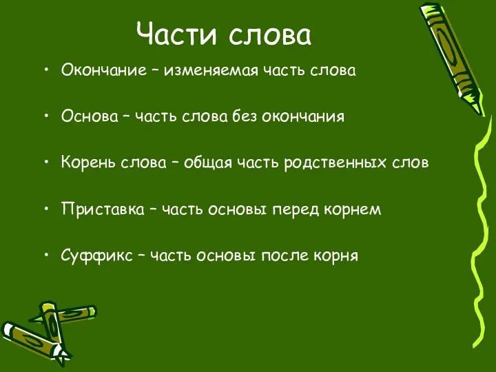 Части слова Окончание – изменяемая часть слова Основа – часть