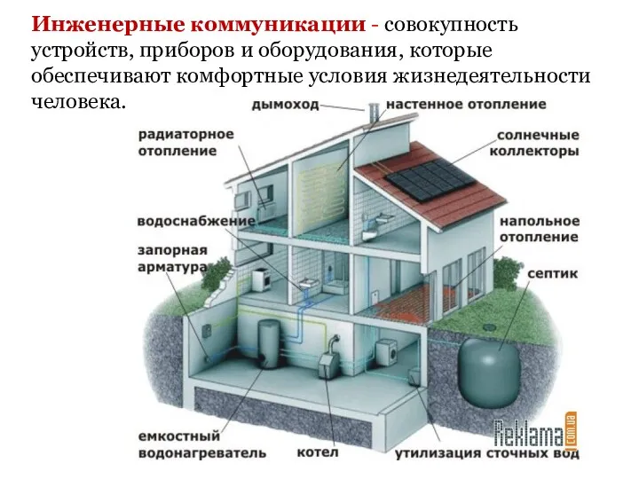 Инженерные коммуникации - совокупность устройств, приборов и оборудования, которые обеспечивают комфортные условия жизнедеятельности человека.