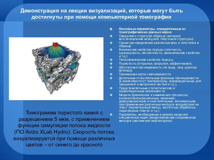 Демонстрация на лекции визуализаций, которые могут быть достигнуты при помощи компьютерной томографии Основные