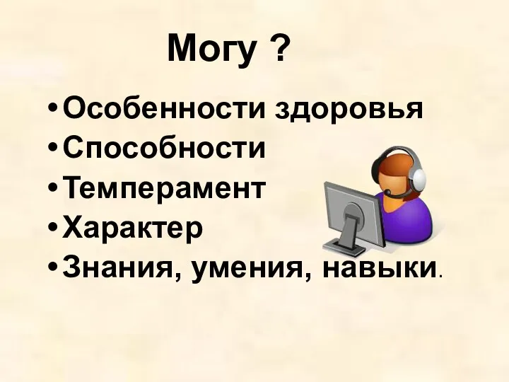 Могу ? Особенности здоровья Способности Темперамент Характер Знания, умения, навыки.