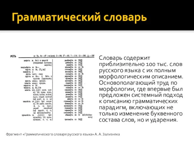 Грамматический словарь Словарь содержит приблизительно 100 тыс. слов русского языка