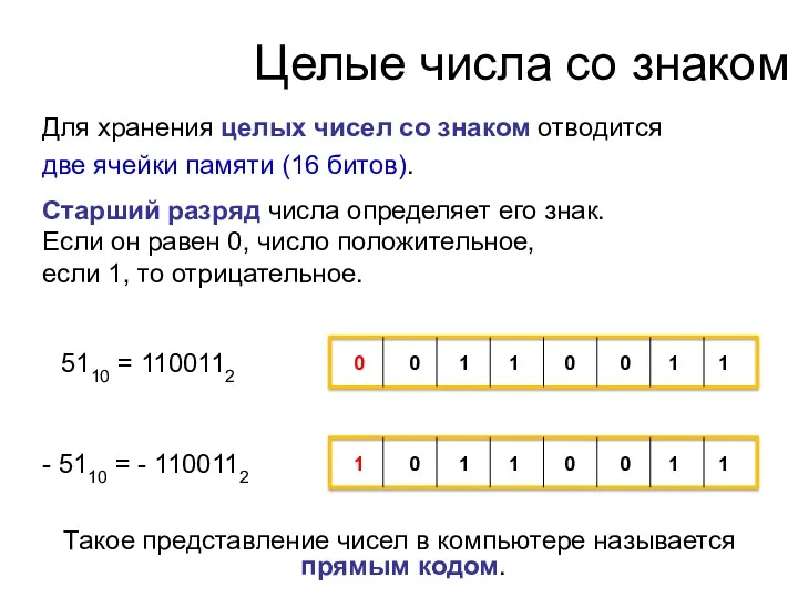 Для хранения целых чисел со знаком отводится две ячейки памяти (16 битов). Старший