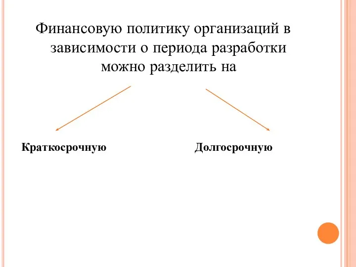 Финансовую политику организаций в зависимости о периода разработки можно разделить на Краткосрочную Долгосрочную