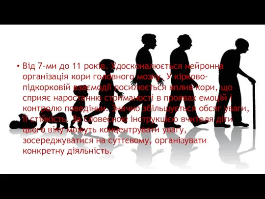 Від 7-ми до 11 років. Удосконалюється нейронна організація кори головного