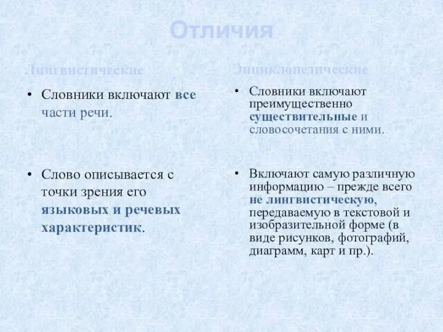 Отличия Лингвистические Словники включают все части речи. Слово описывается с