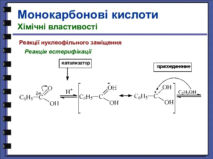 Реакції нуклеофільного заміщення Реакція естерифікації Монокарбонові кислоти Хімічні властивості