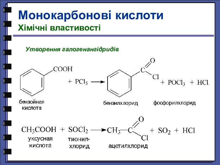 Утворення галогенангідридів Монокарбонові кислоти Хімічні властивості