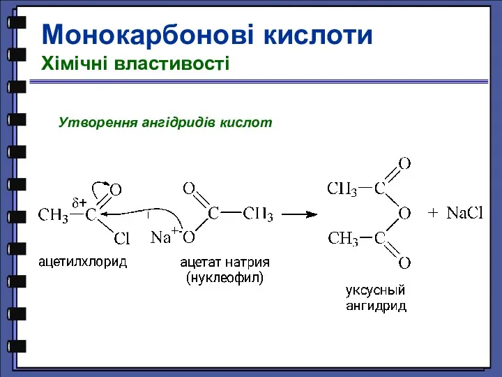 Утворення ангідридів кислот Монокарбонові кислоти Хімічні властивості