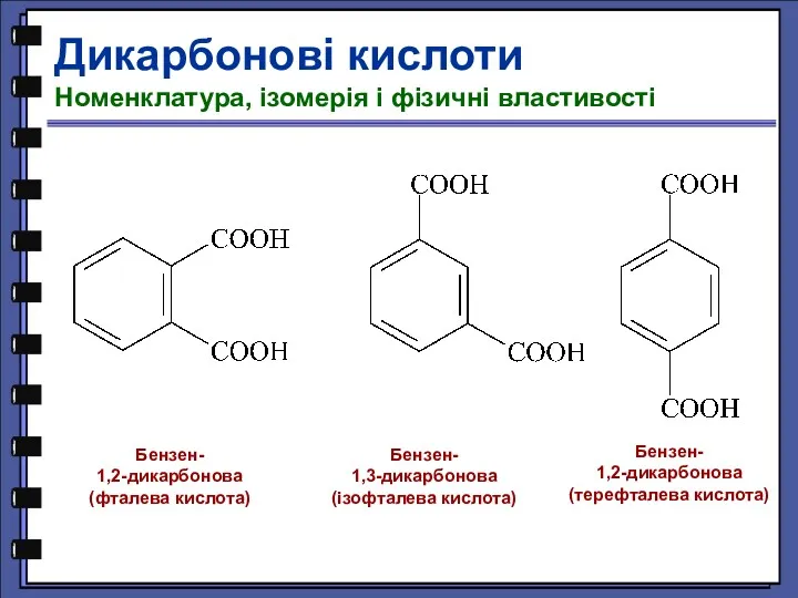 Дикарбонові кислоти Номенклатура, ізомерія і фізичні властивості Бензен- 1,2-дикарбонова (фталева