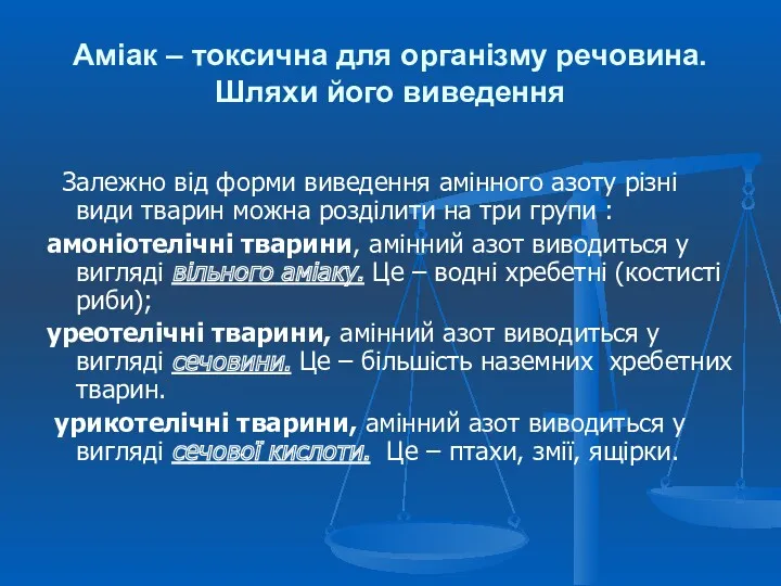 Залежно від форми виведення амінного азоту різні види тварин можна розділити на три