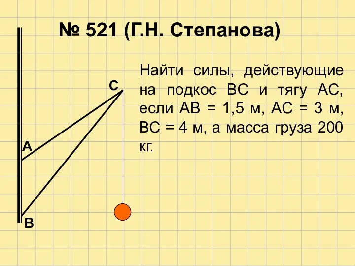 № 521 (Г.Н. Степанова) Найти силы, действующие на подкос ВС и тягу АС,