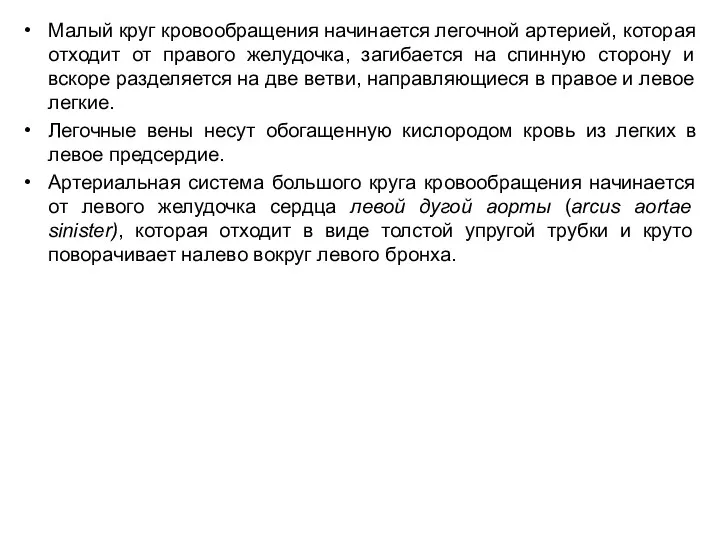 Малый круг кровообращения начинается легочной артерией, которая отходит от правого