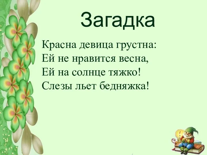 Загадка Красна девица грустна: Ей не нравится весна, Ей на солнце тяжко! Слезы льет бедняжка!