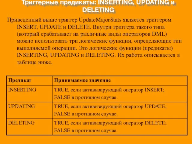 Триггерные предикаты: INSERTING, UPDATING и DELETING Приведенный выше триггер UpdateMajorStats