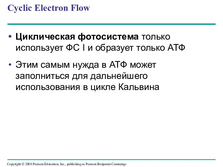 Cyclic Electron Flow Циклическая фотосистема только использует ФС I и